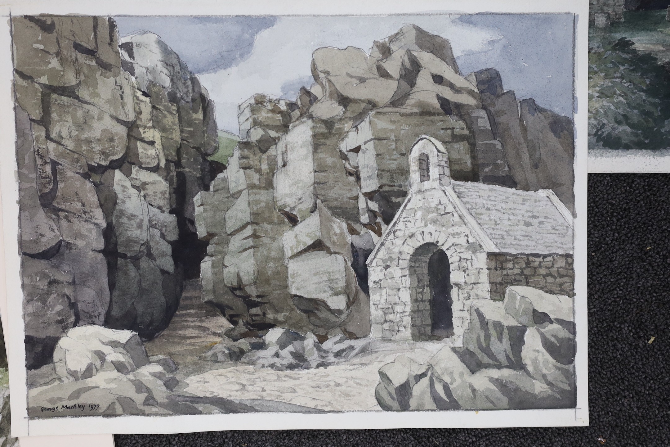 George Mackley R.E. (1900-1983), six assorted watercolours, Churches, chapels and other rustic scenes, c.1975-80 after the artist was forced to relinquish wood engraving due to ill health, signed, largest 34 x 49cm